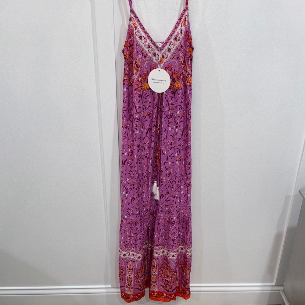 Boho Floral Purple Maxi Dress with Lace Trim